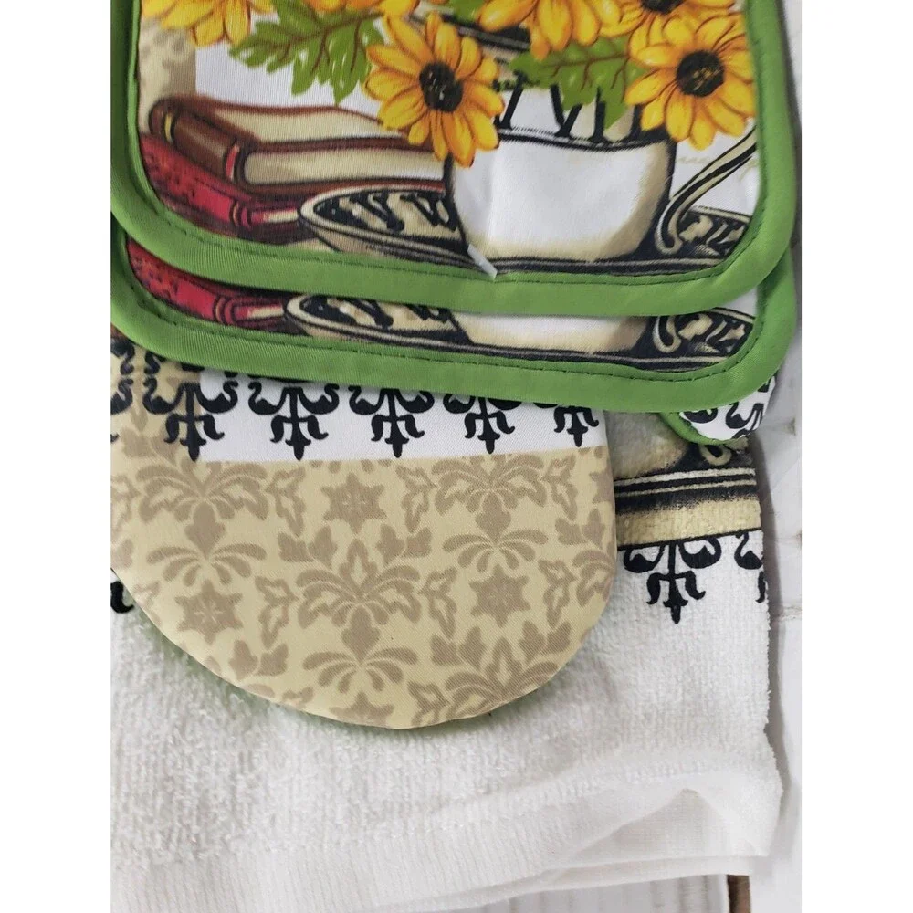 5pc Set: 2 Pot Holders, 1 Oven Mitt & 2 Same Towels, SUNFLOWERS & BOOKS,green,KC